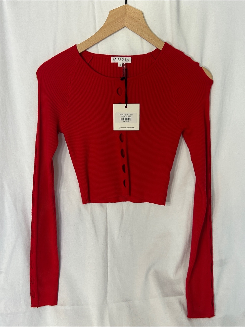 Mimosa Red Ribbed Long-Sleeve Crop Tee with Button Front